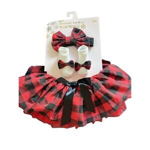 Bebe Baby Winter Boutique Holiday Check 0-12 Months Hair Bow, Sox’s And Skirt